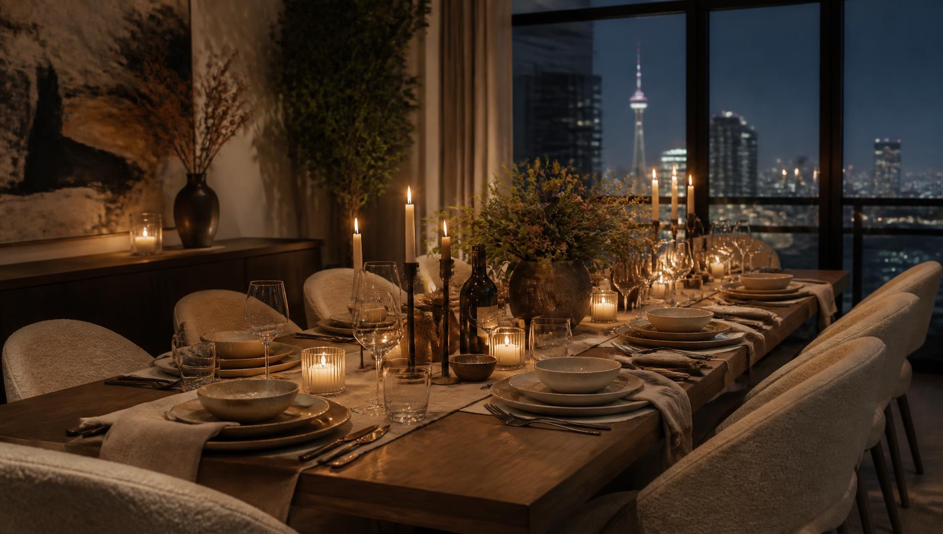 Elegant dinner table set for guests in a modern Toronto home at night