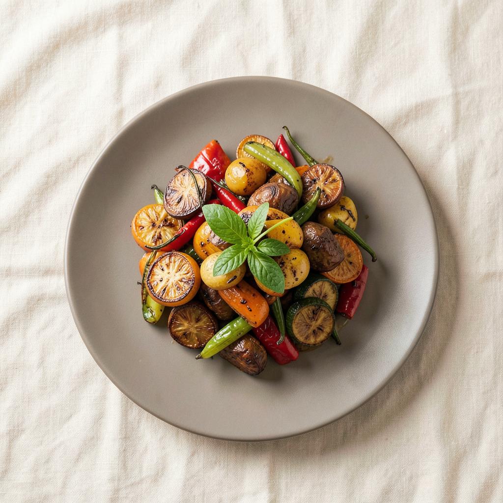 Seasonal roasted vegetables plated on a matte ceramic plate