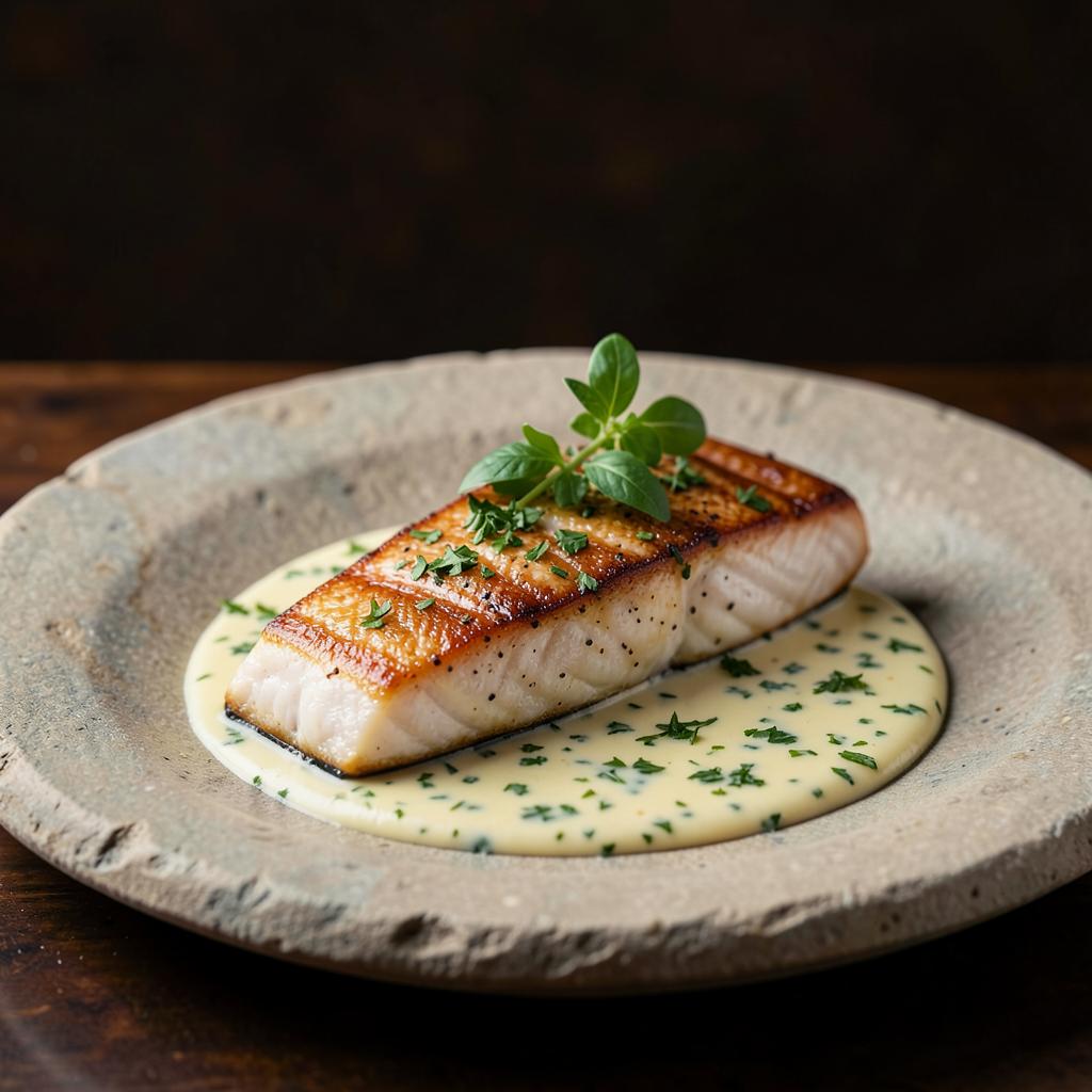 Pan-seared fish with herb butter sauce on a stone plate