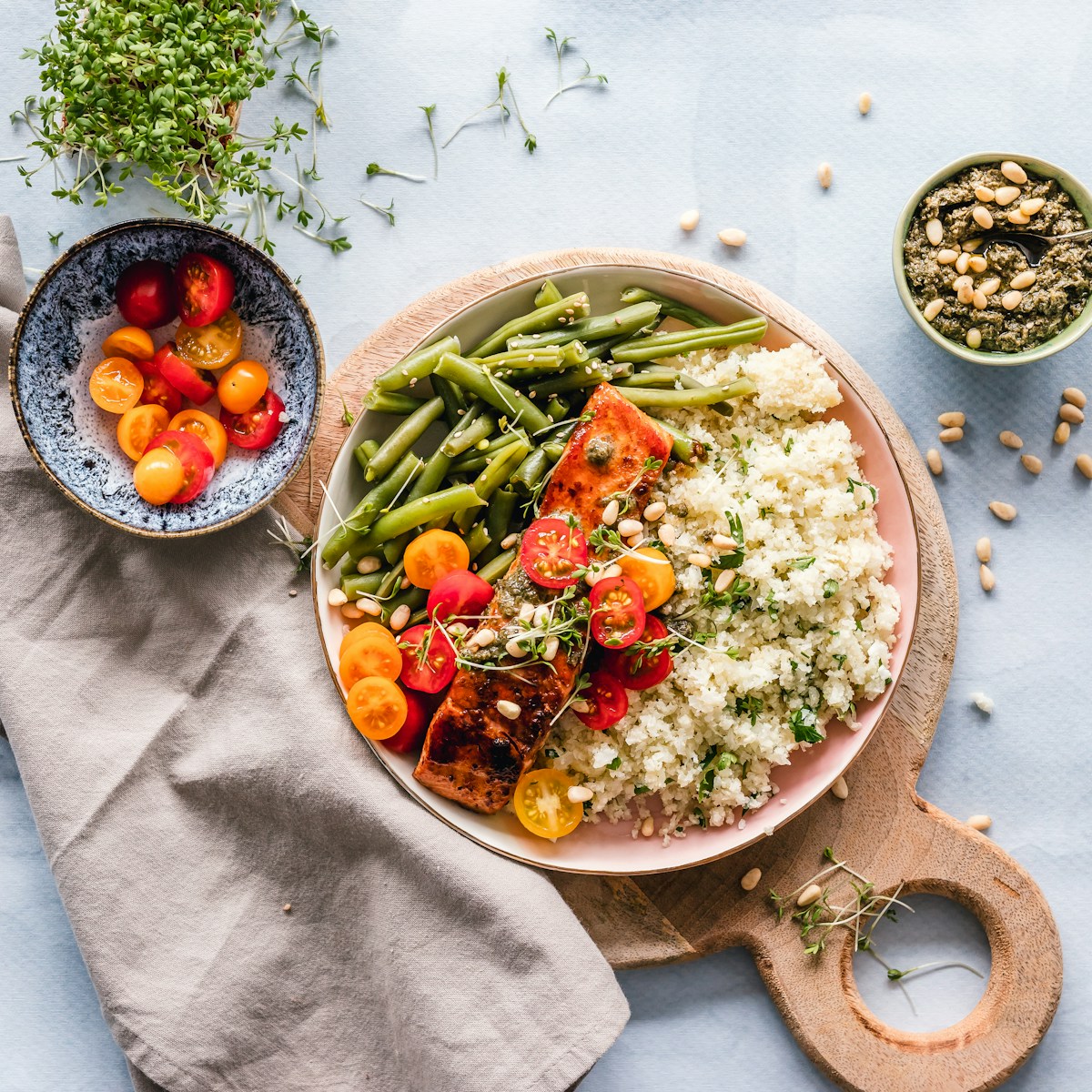 Seasonal grain bowl with fresh vegetables and herbs